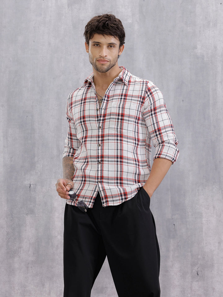 Textured Classic Plaid Check Casual Shirt For Men | White