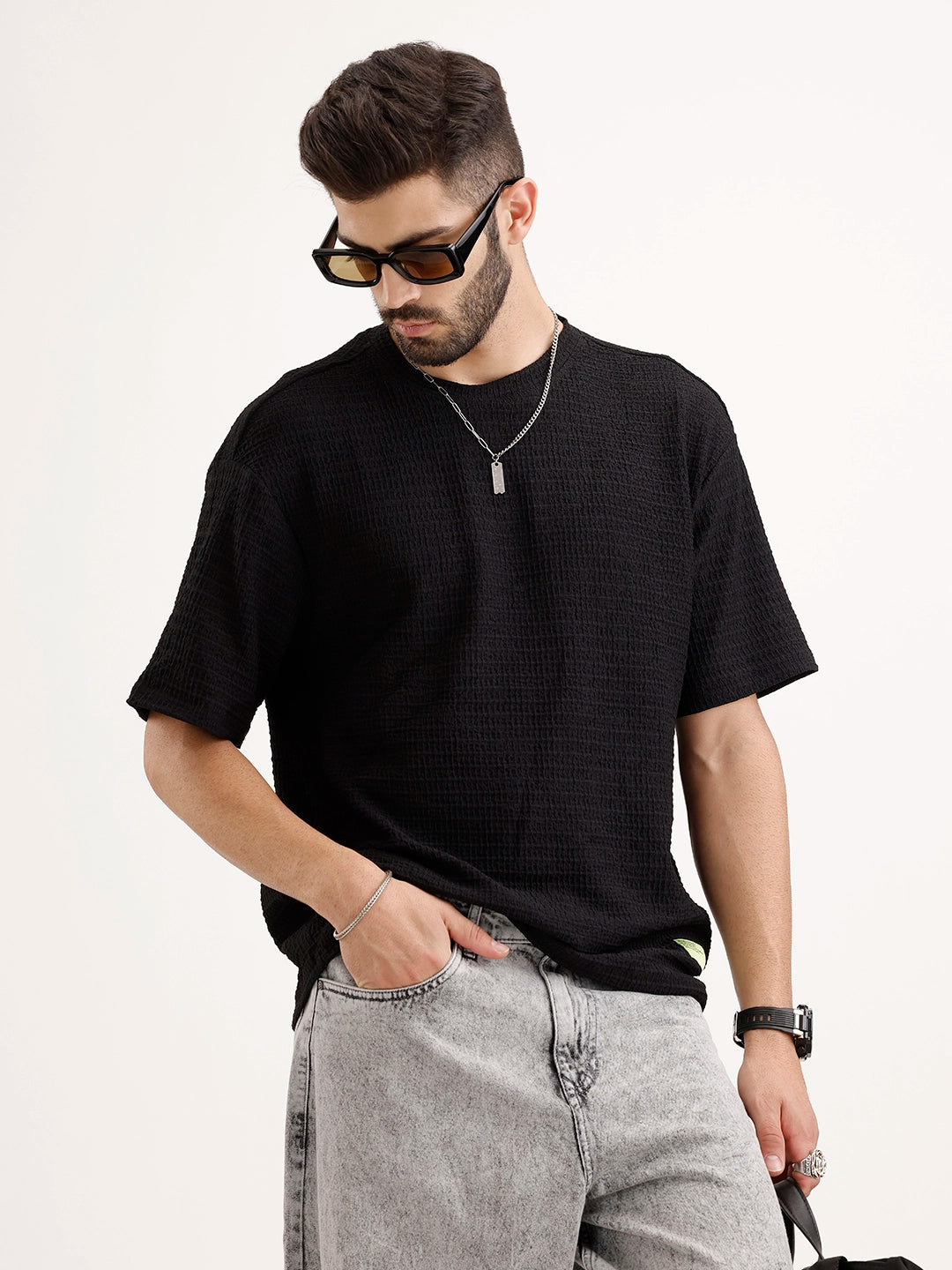Solid Oversized Textured T-Shirt | Black