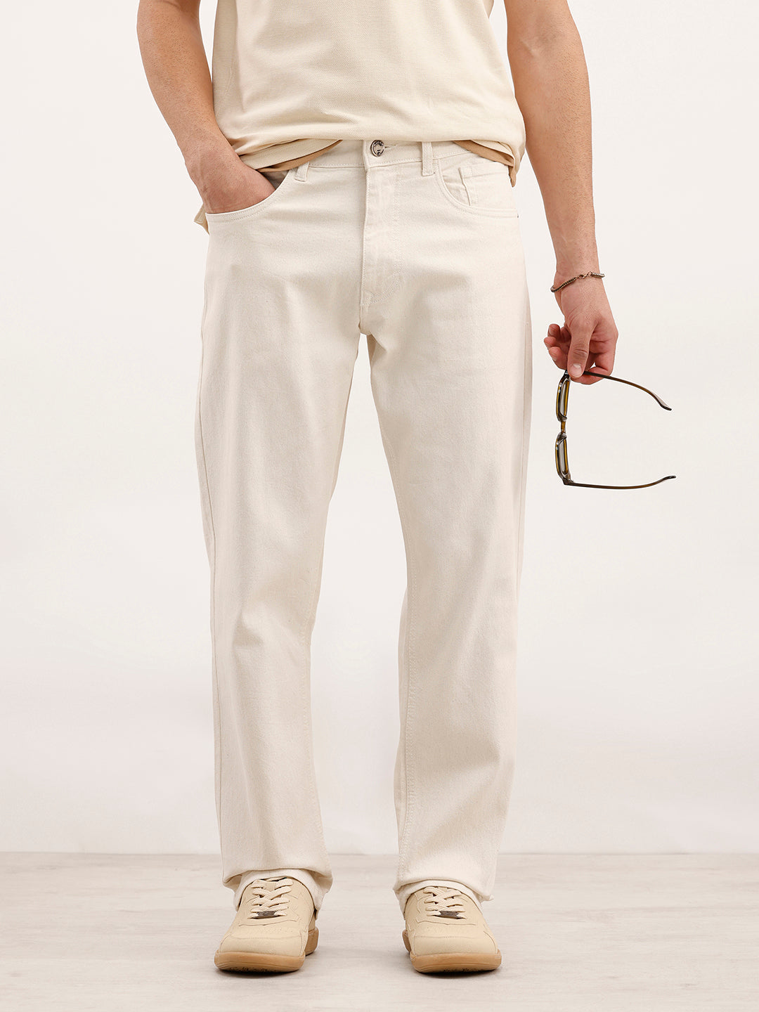 Solid Anti Fit Denim Jeans | Ecru