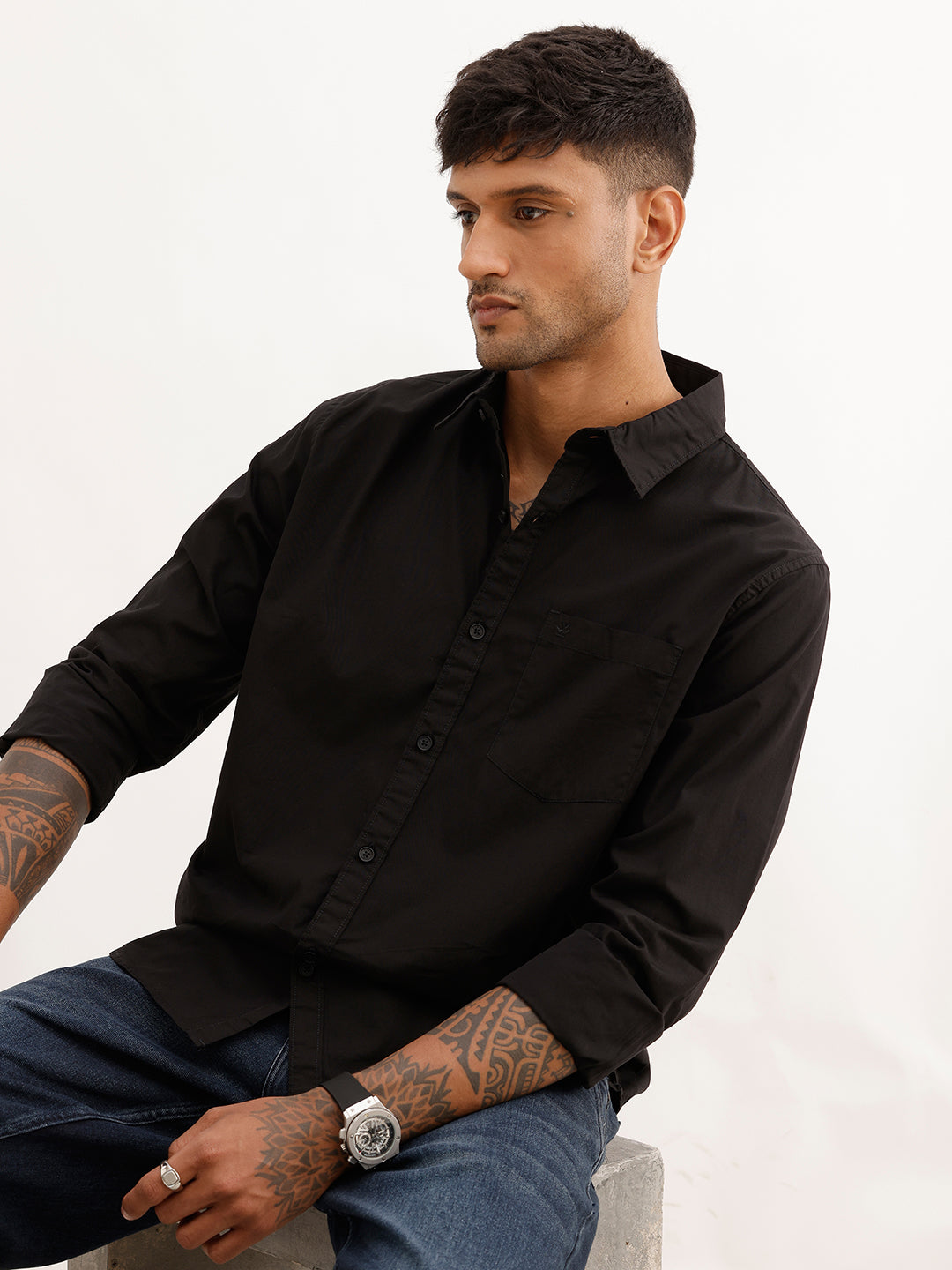 Solid Regular Fit Full Sleeve Shirt | Black