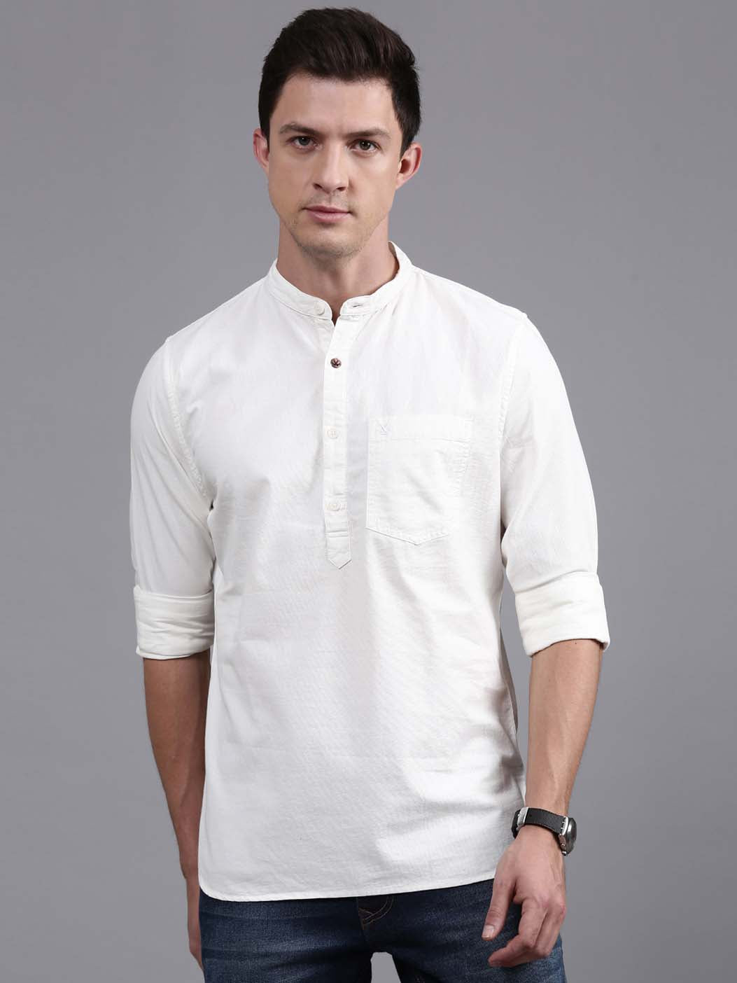 White Henley Neck Solid Shirt