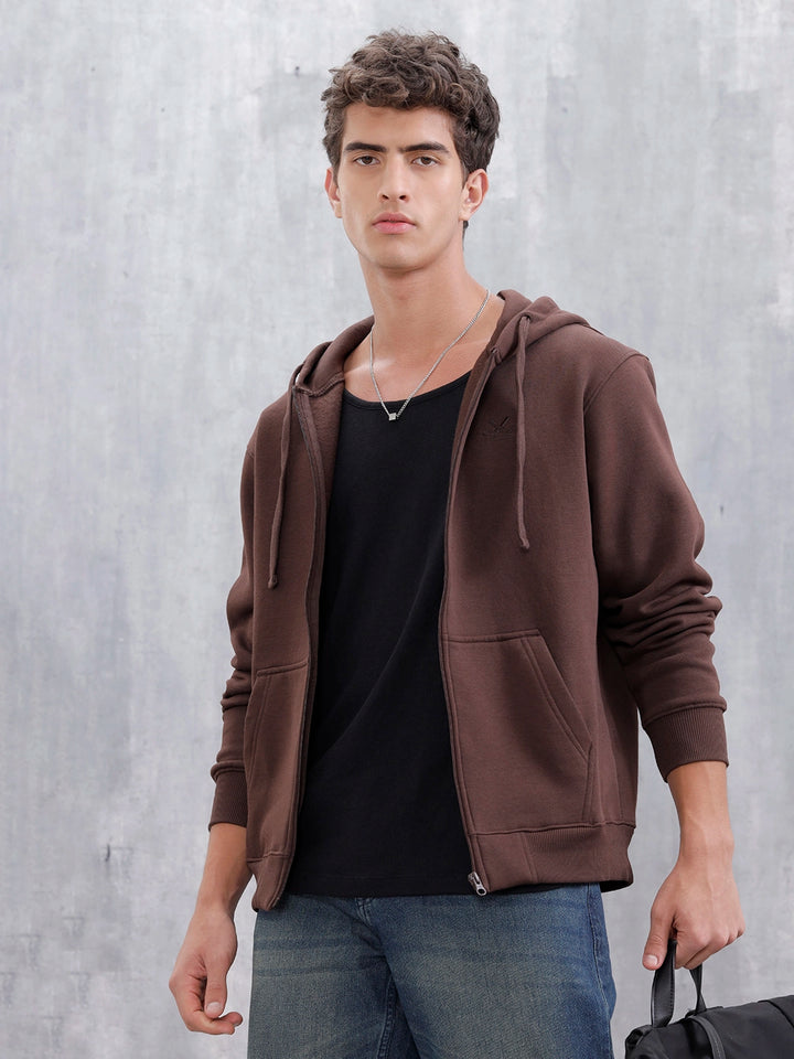 Men's Solid Zip-Up Hoodie Sweatshirt | Java