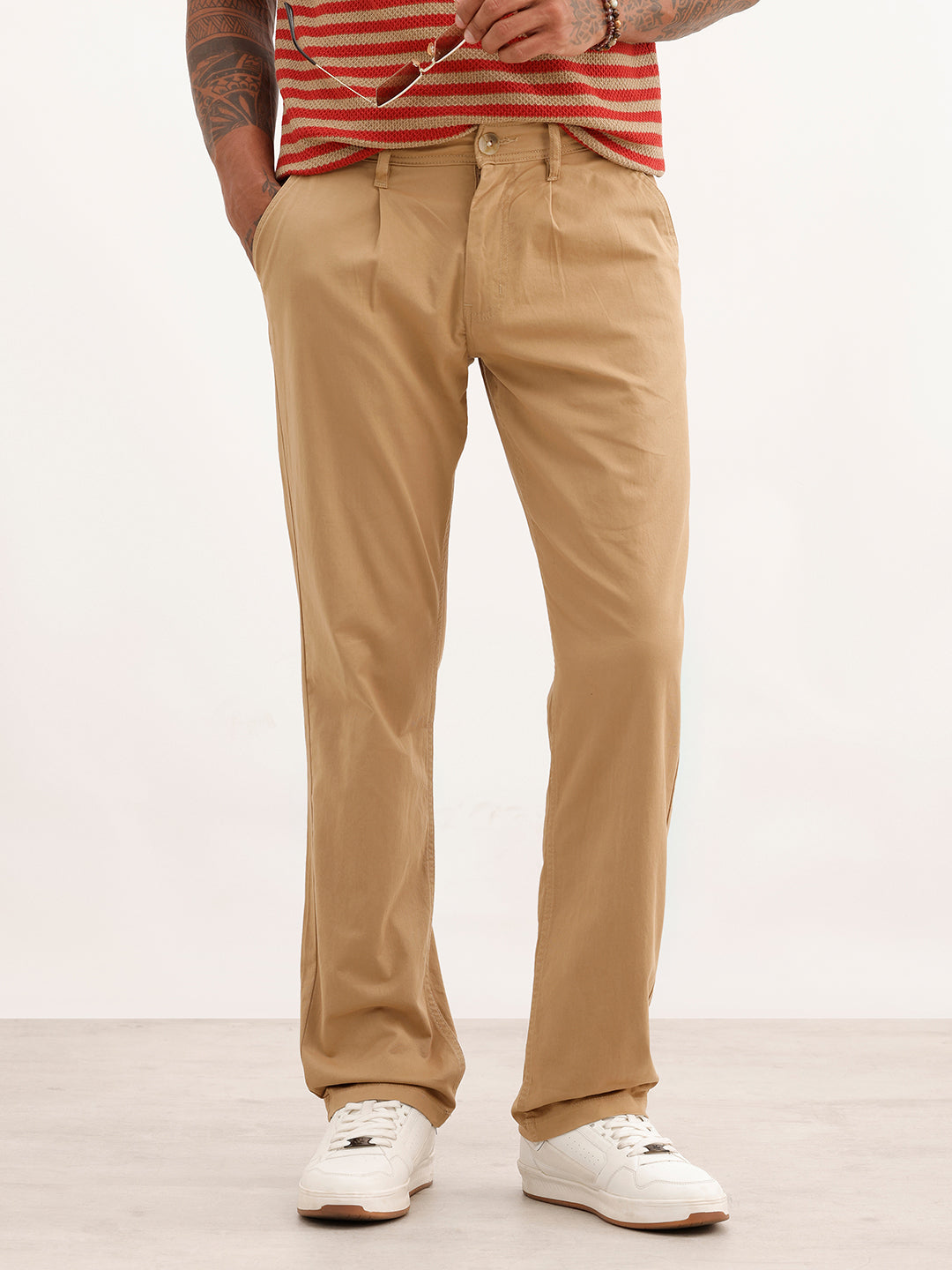 Solid Straight Fit Pleated Trouser | Khaki