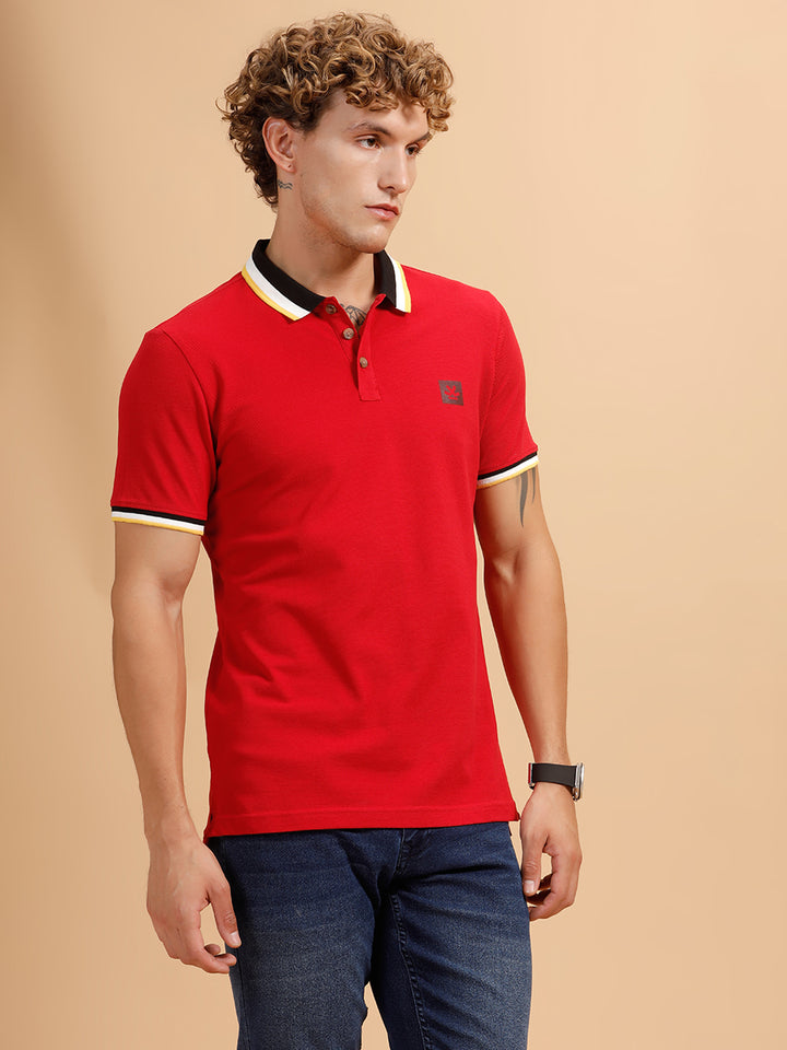 Contrast Collar Slim Fit Polo T-Shirt | Red