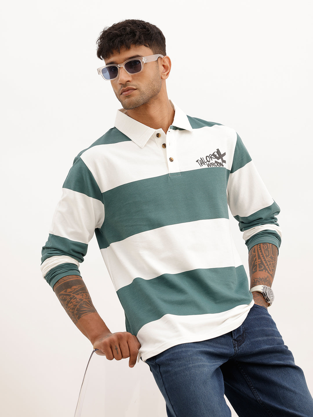 Comfort Fit Full Sleeve Striped Polo T-Shirt | Off White