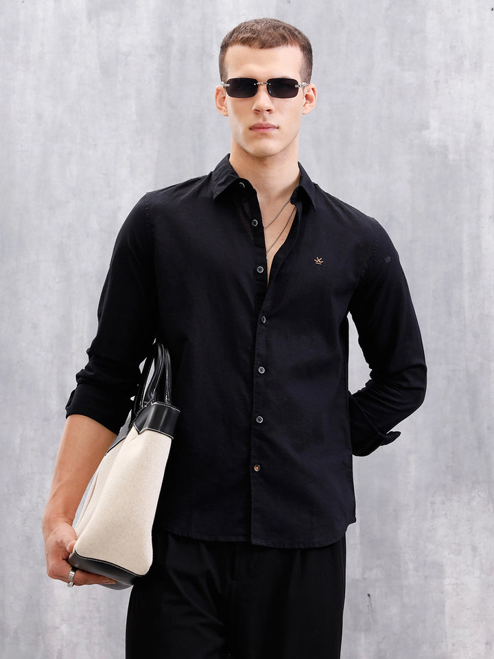 Solid Linen Blend Shirt | Black