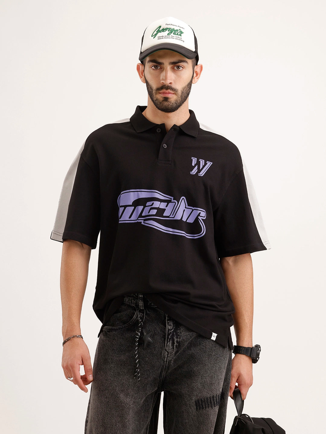 Oversized Placement Printed Polo T-Shirt | Black