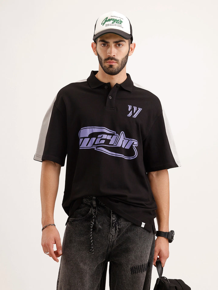Oversized Placement Printed Polo T-Shirt | Black