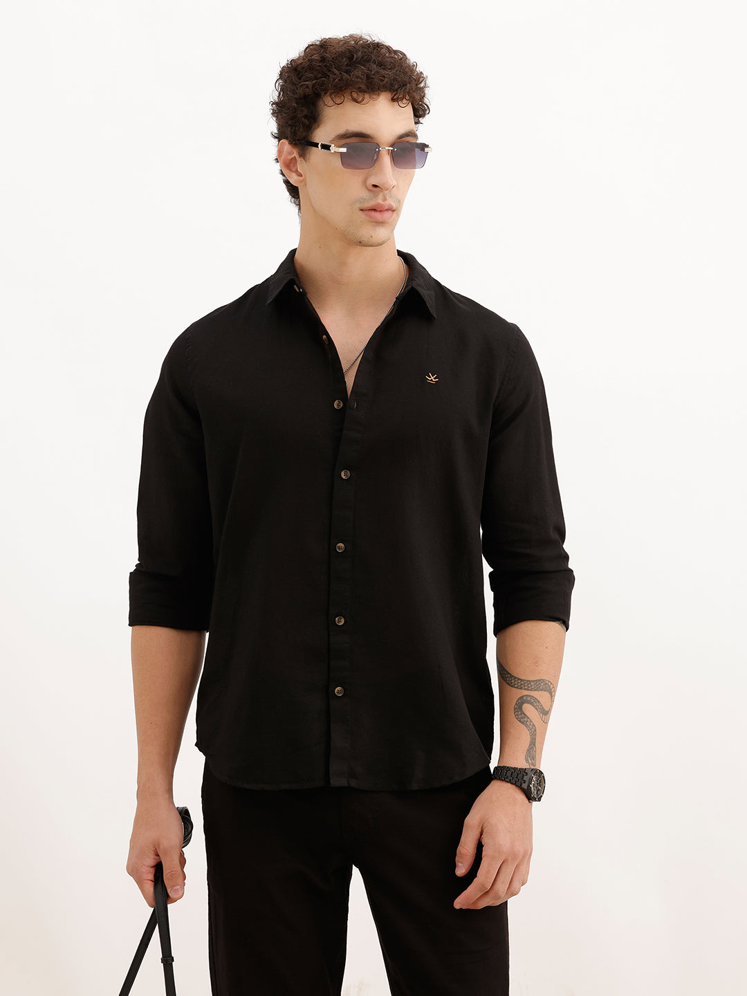 Solid Linen Blend Slim Fit Shirt | Black