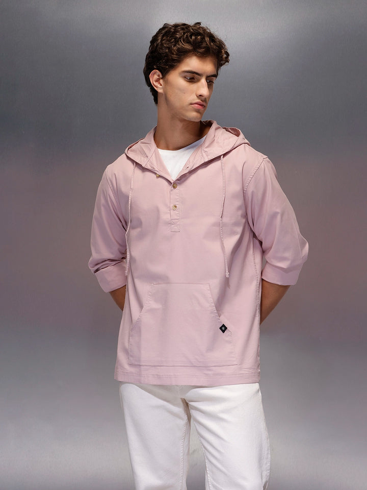 Men's Regular Fit Half Placket Hooded Shirt  |  Pink