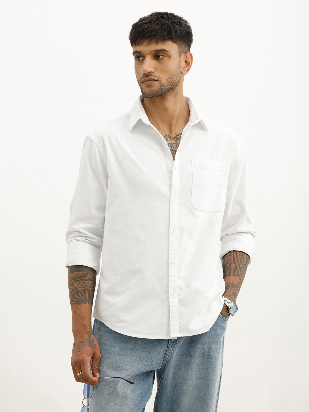 Solid Comfort Fit Full Sleeve Shirt | White