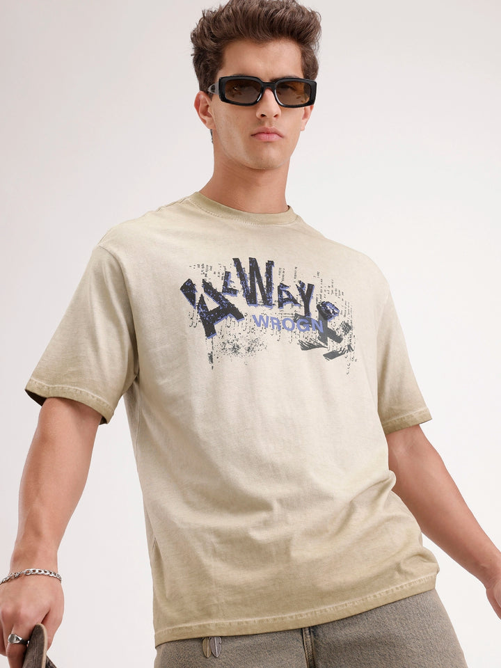 Oversized Washed Placement Printed T-Shirt | Khaki