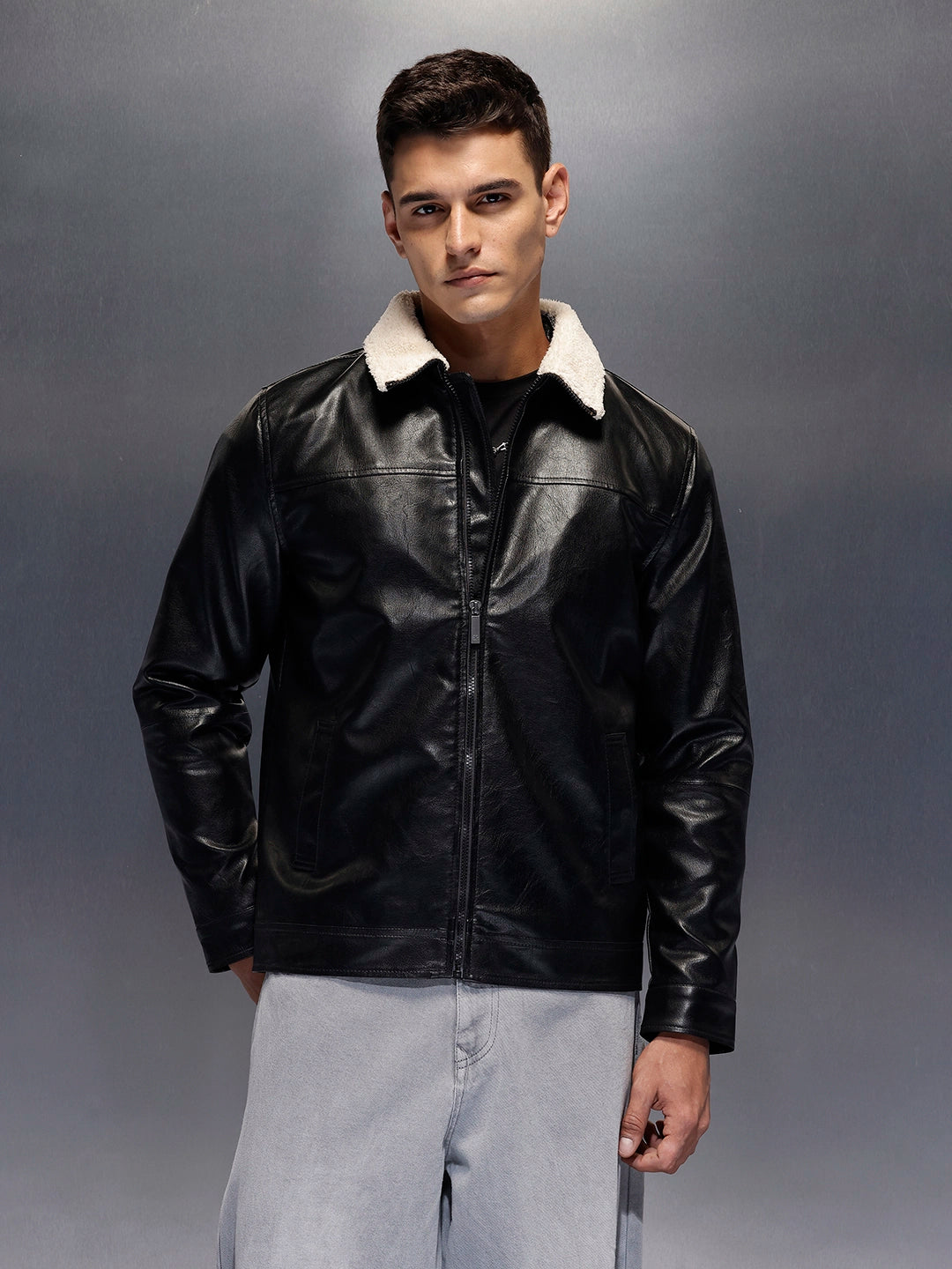 Men's casual jacket with contrast fur collar | Black
