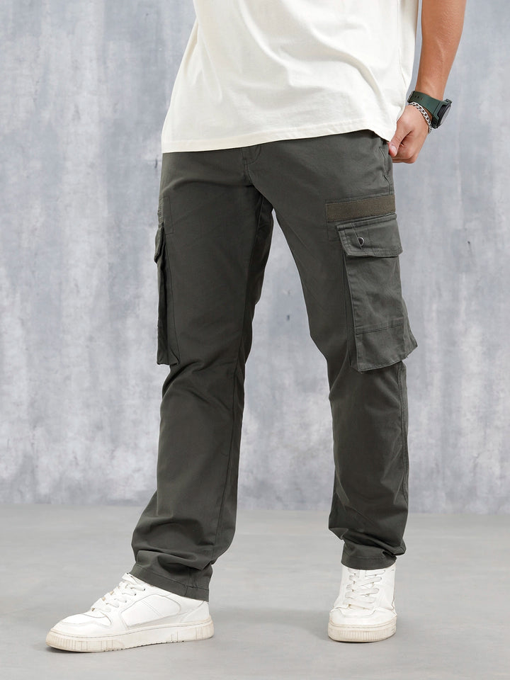 Straight Fit Cotton Twill Utility Trousers With Snap Pockets | Light Olive