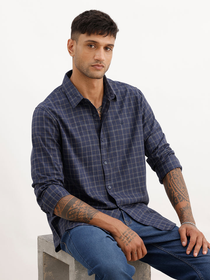 Slim Fit Checkered Full Sleeve Shirt | Navy Blue