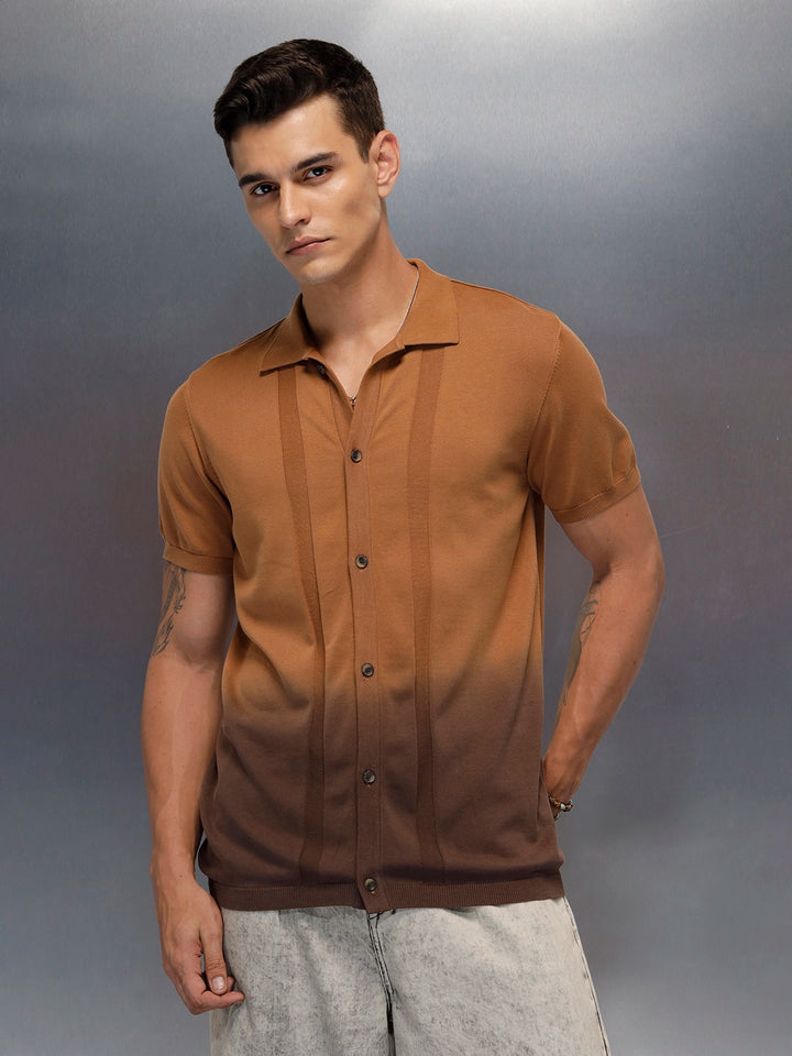 Textured Knit Button-Down SHIRT  | Brown