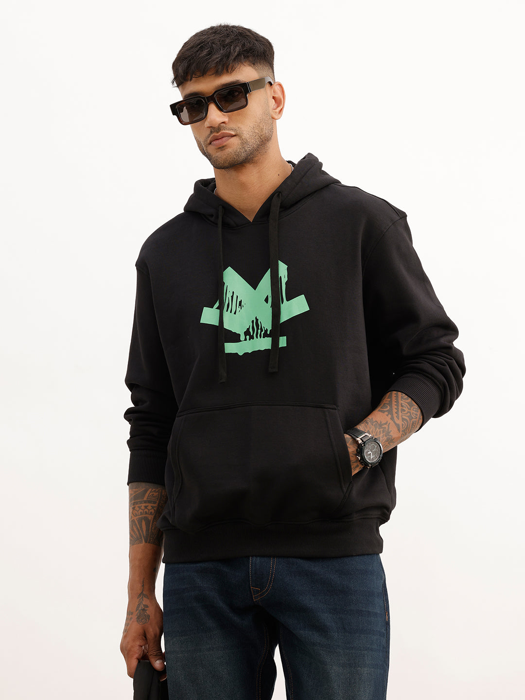 Comfort Fit Placement Printed Hoodie | Black