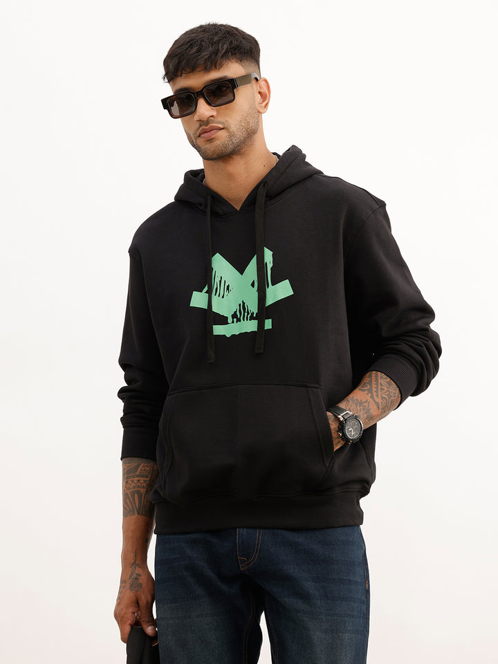 Comfort Fit Placement Printed Hoodie | Black