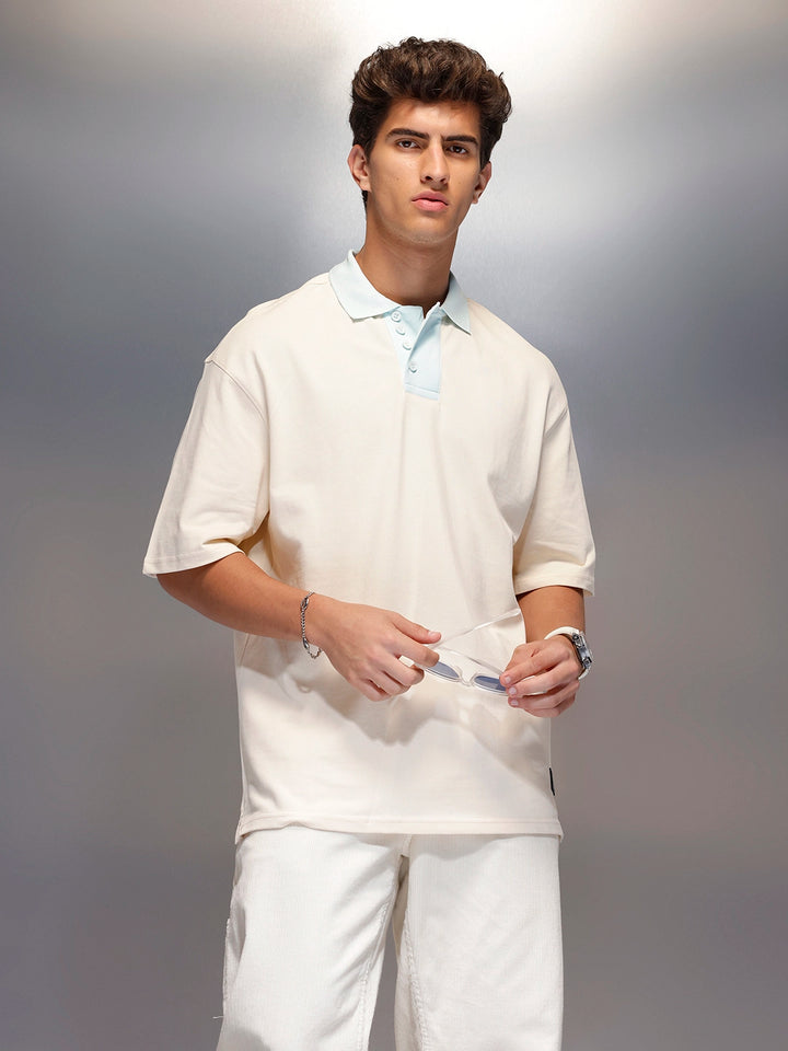 Colour Blocked Oversized Polo T-Shirt   |  Beige