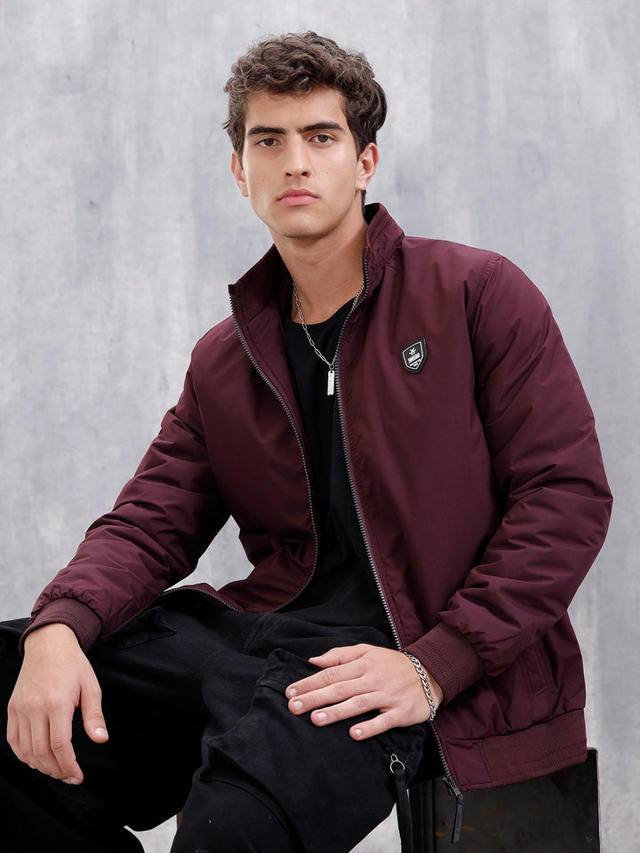 Men's Solid Casual Bomber Jacket  | Maroon