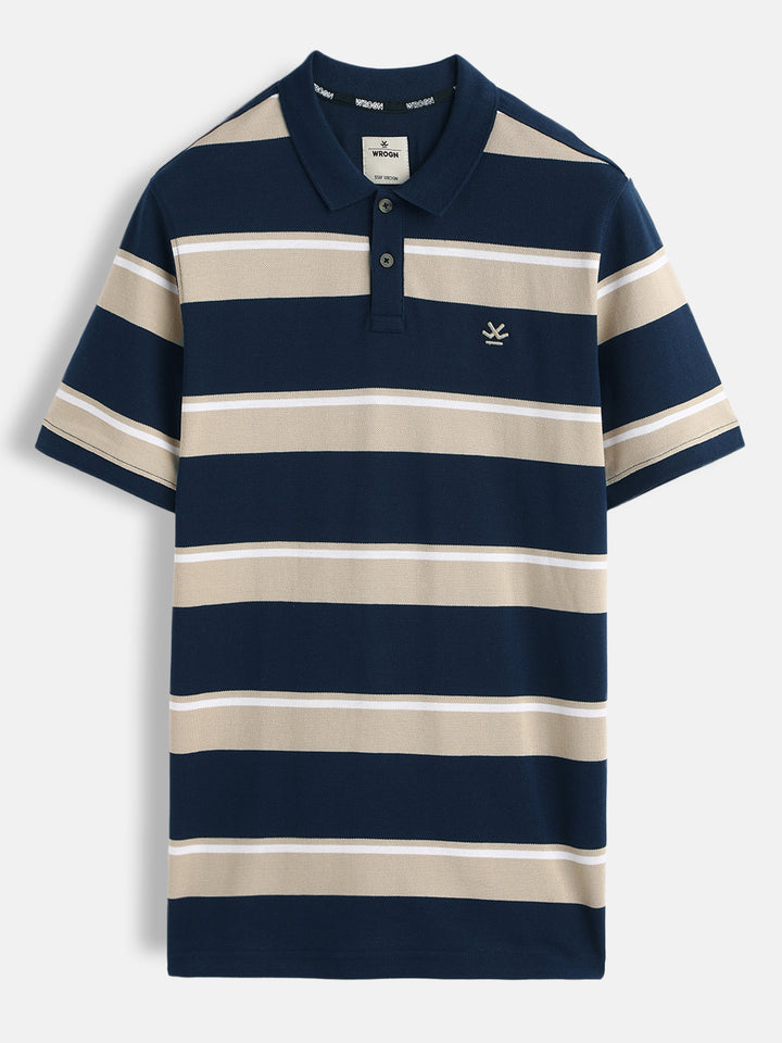 Yarn Dyed Striped Polo T-Shirt | Navy Blue