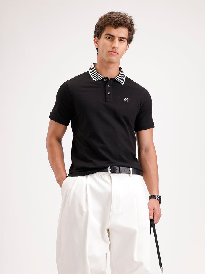 Regular Fit Contrast Collar Polo T-Shirt  | Black
