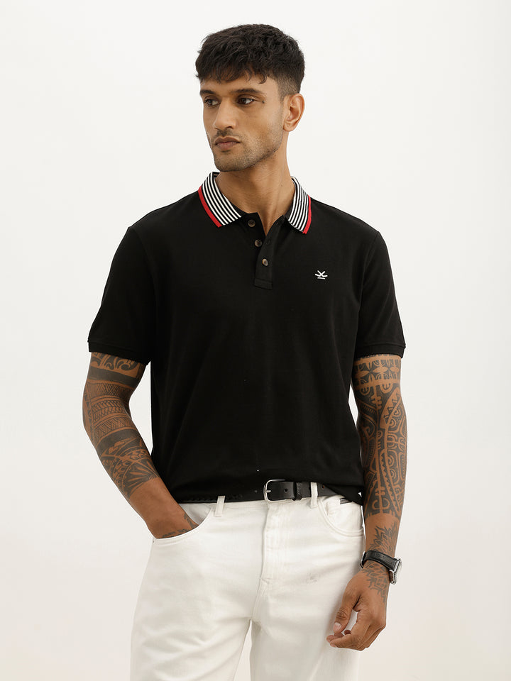 Slim Fit Contrast Collar Polo T-Shirt | Black