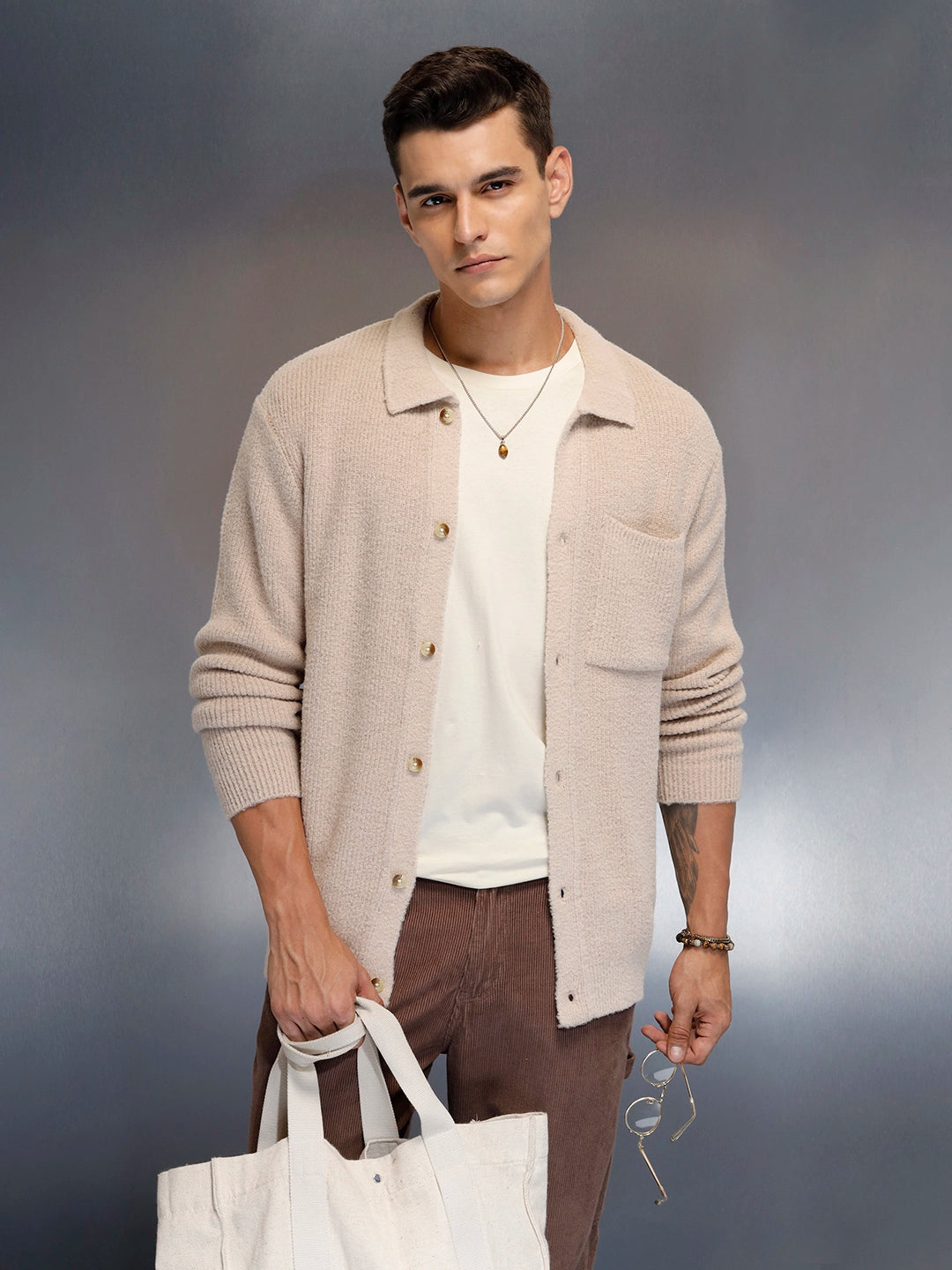 Textured Knit Button-Down Sweater  | Beige