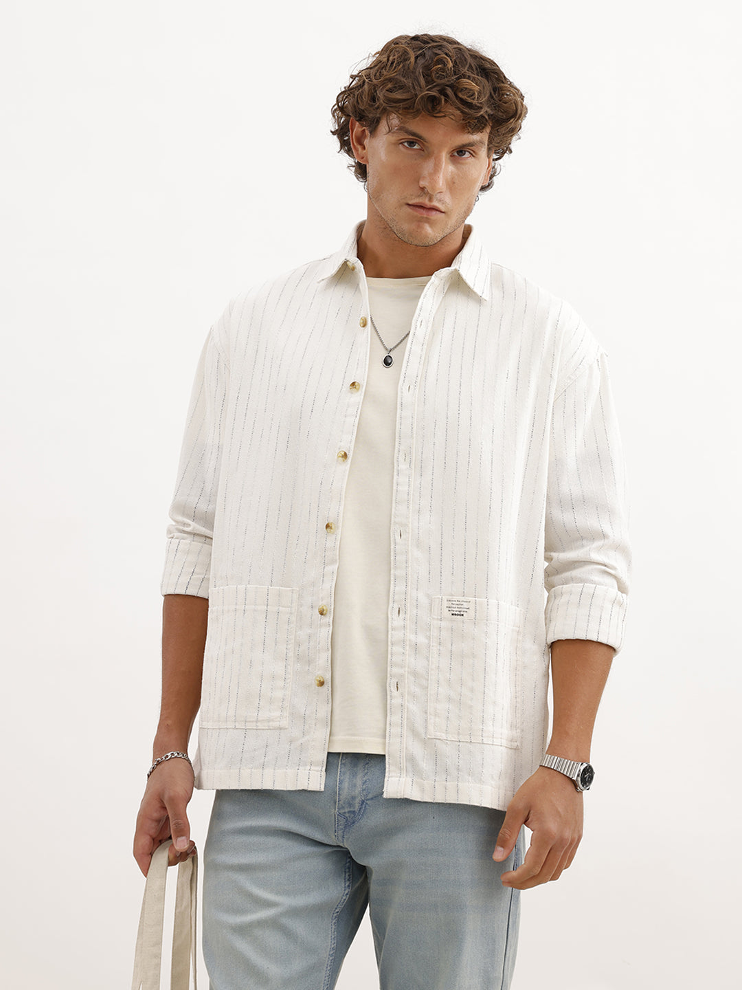 Oversized Striped Double Pocket Shirt | White