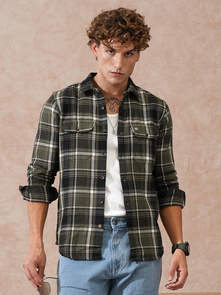 Double Pocket Checked Shirt | Olive