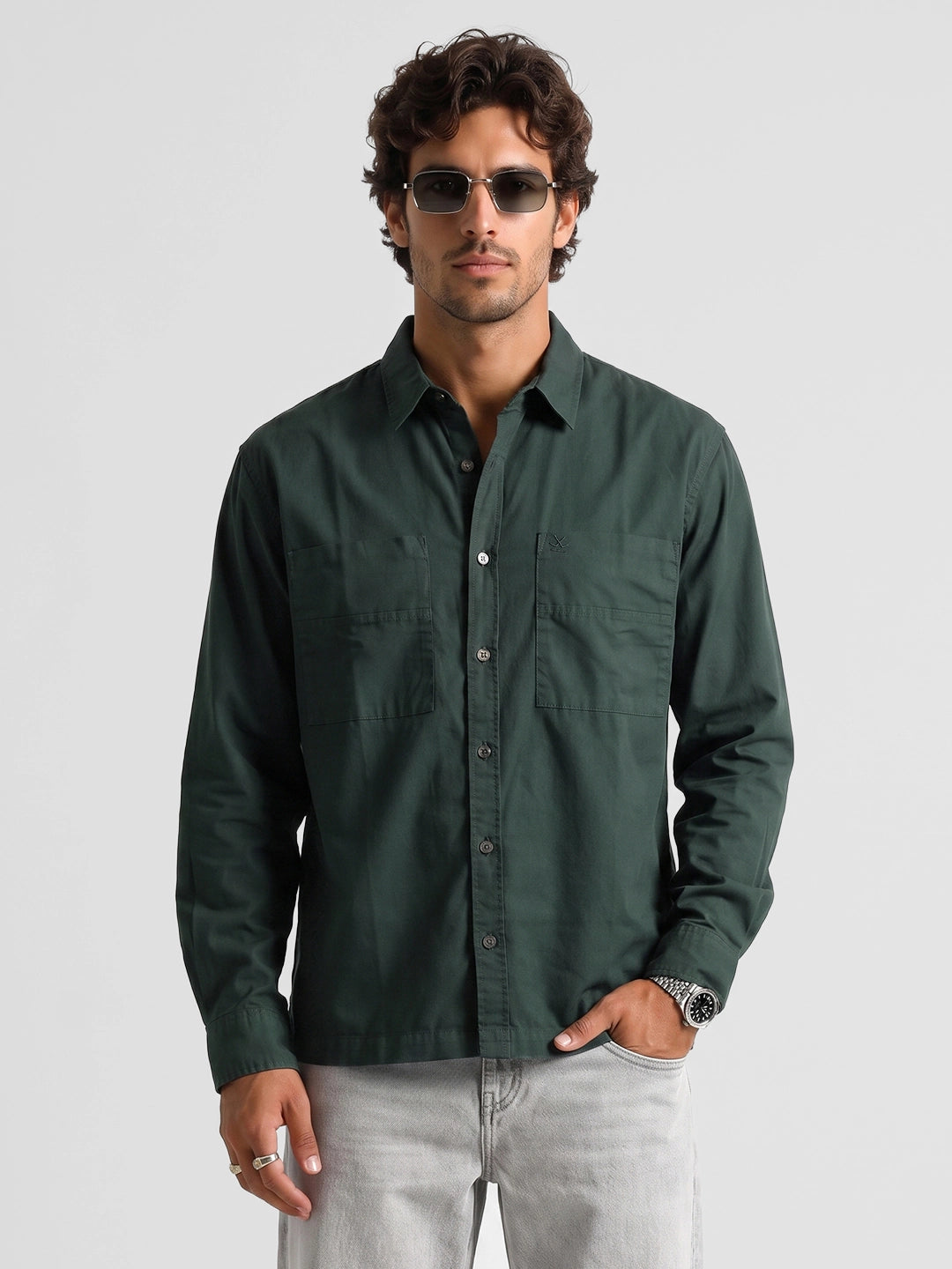 Solid Comfort Fit Double Pocket Shirt | Dark Green