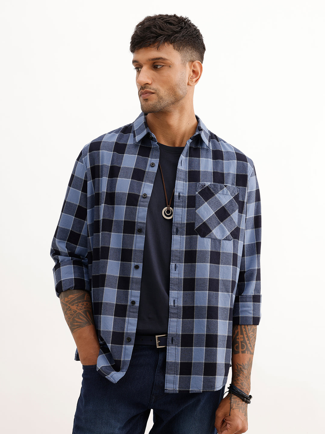 Regular Fit Full Sleeve Checkered Shirt | Blue