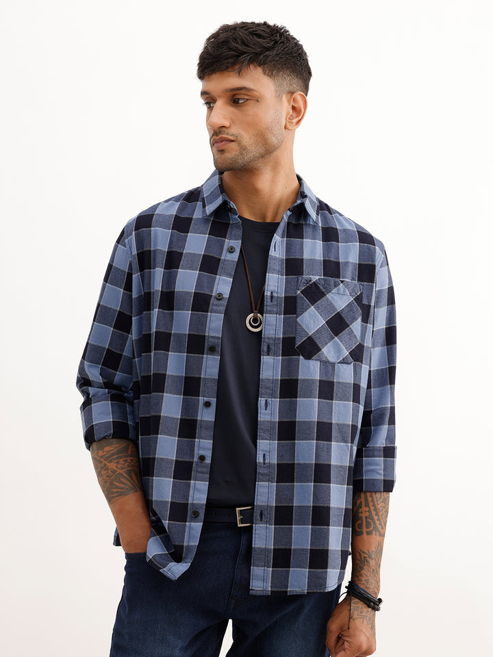 Regular Fit Full Sleeve Checkered Shirt | Blue