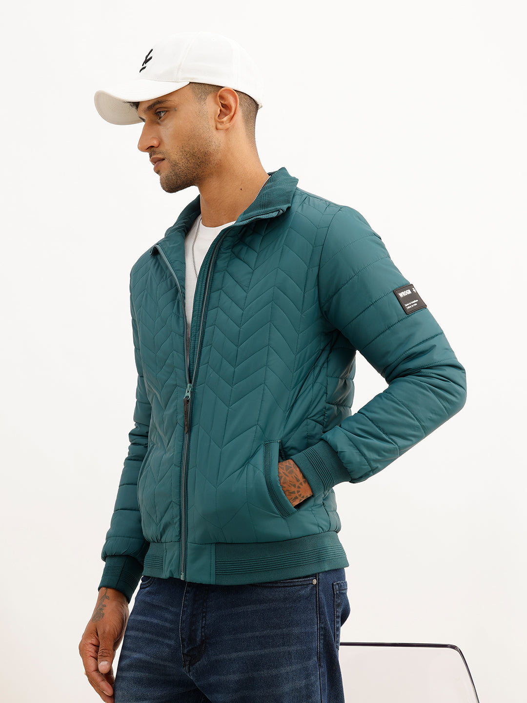Solid Regular Fit Puffer Jacket | Dark Green