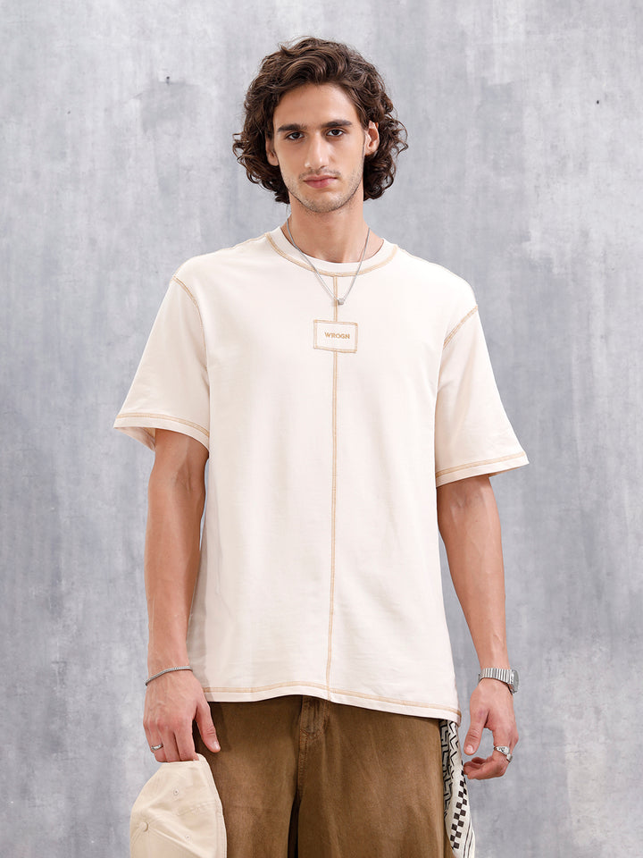 Raw Edge & Stitch Detail Oversized Fit T-Shirt | Beige