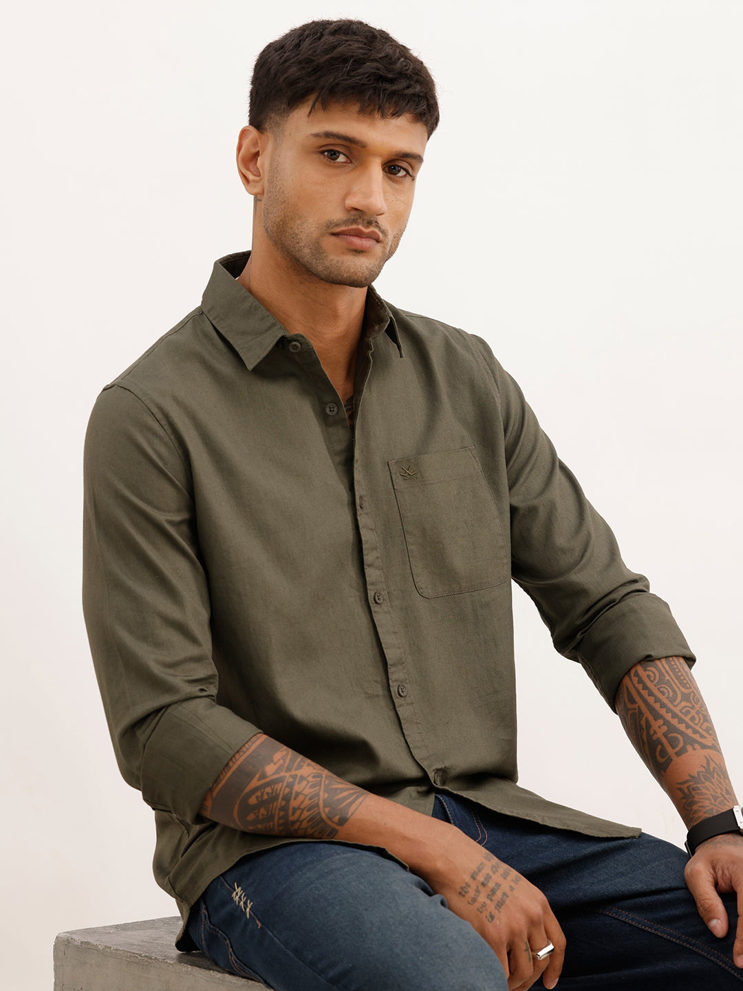 Solid Relaxed Fit Full Sleeve Shirt | Olive