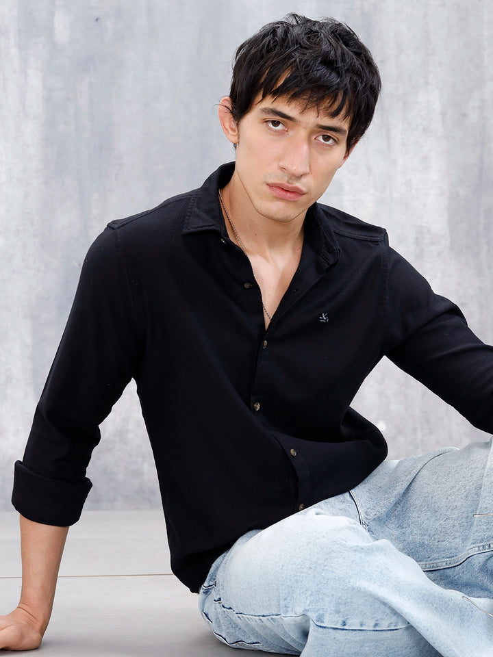 Textured Men's Casual Slim Fit Shirt | Black