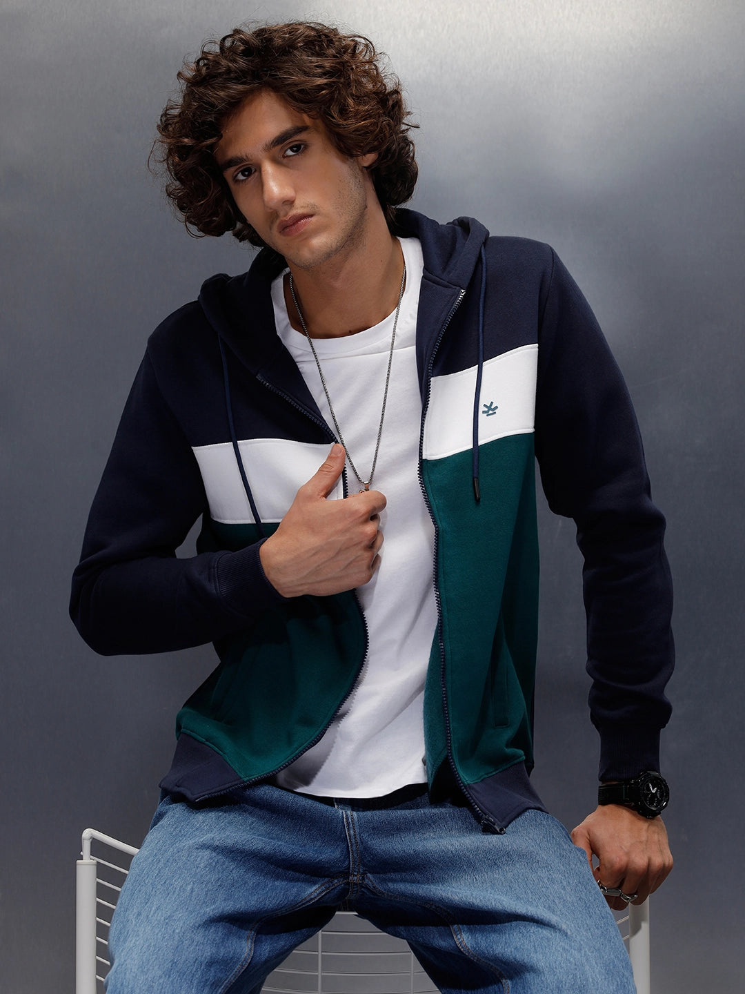 Tonal Colourblock Zipper Hoodie | Blue