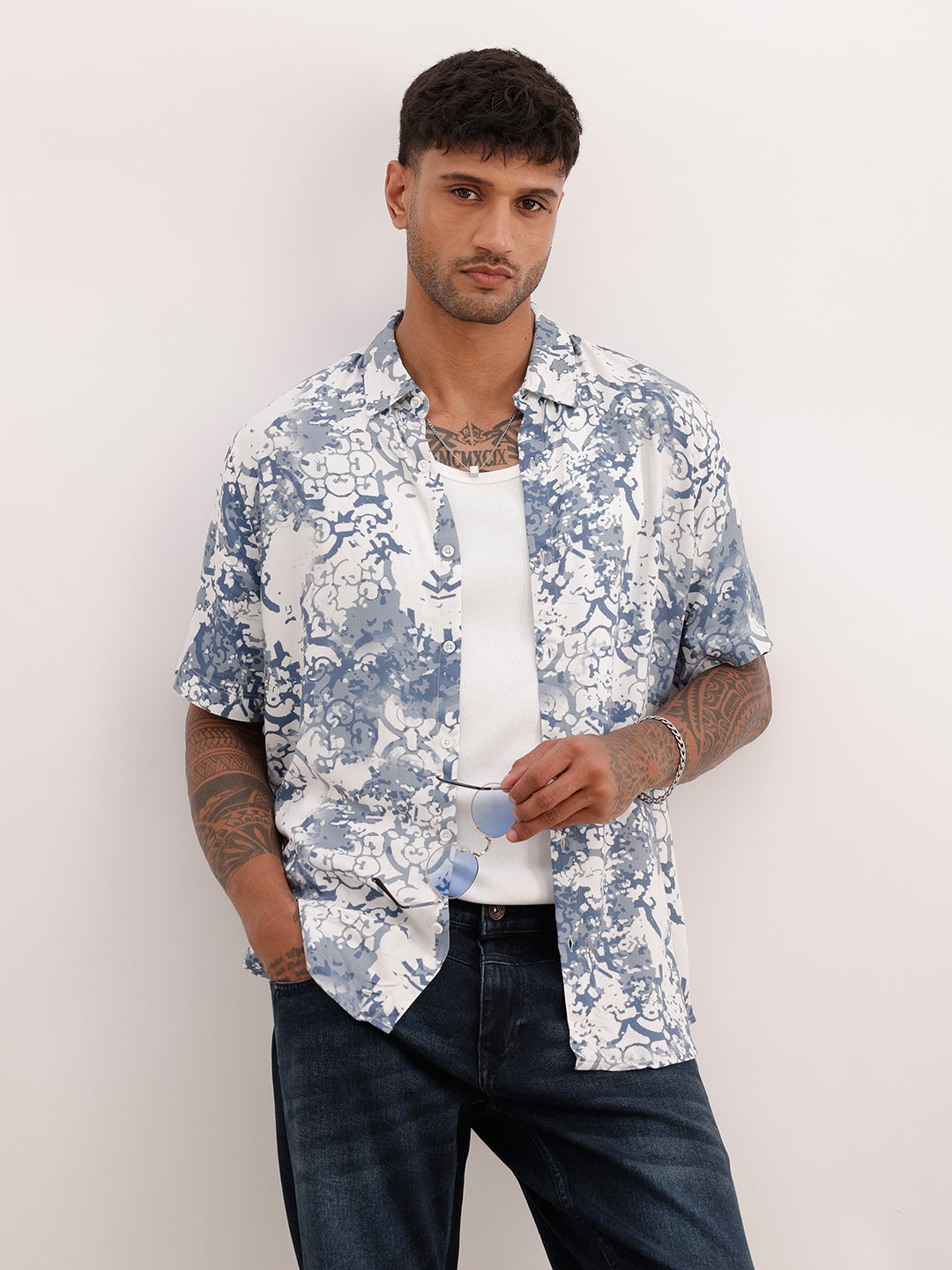 Slim Fit AOP Half Sleeve Shirt | White | WSH02HSSL0165S