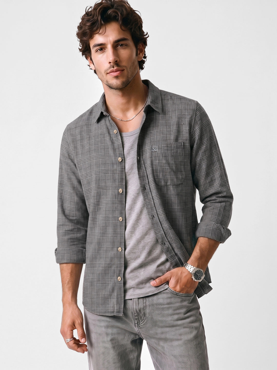 Regular Fit Checkered Full Sleeve Shirt | Grey
