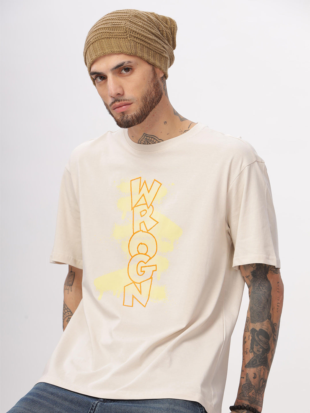 Wrogn Spray Print Oversized Beige T-Shirt