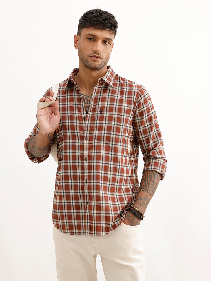 Regular Fit Full Sleeve Checkered Shirt | Brown