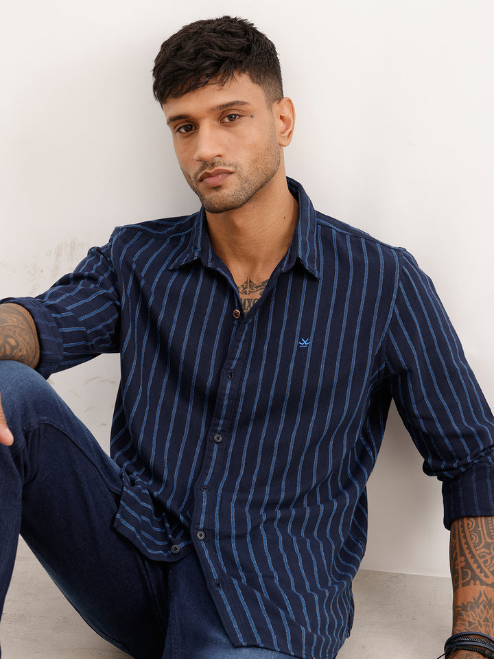 Regular Fit Striped Full Sleeve Shirt | Navy Blue