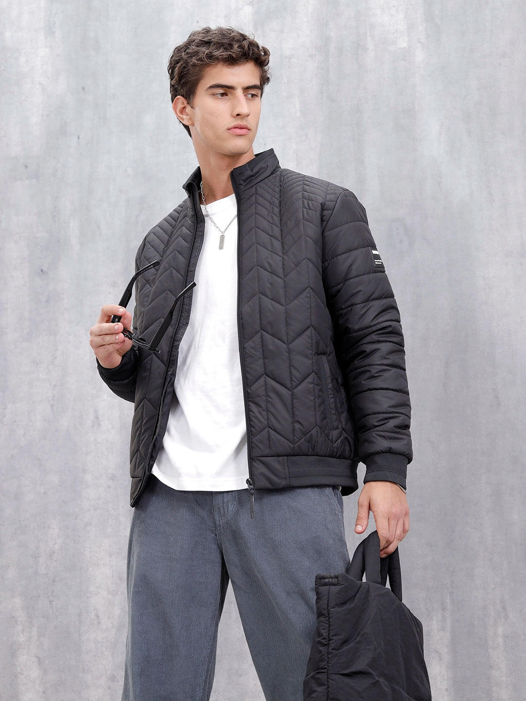 Casual Regular Fit Stand Collar Puffer Jacket | Black