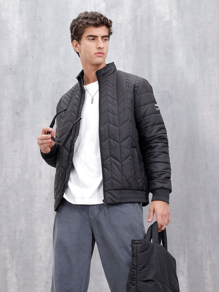 Casual Regular Fit Stand Collar Puffer Jacket | Black
