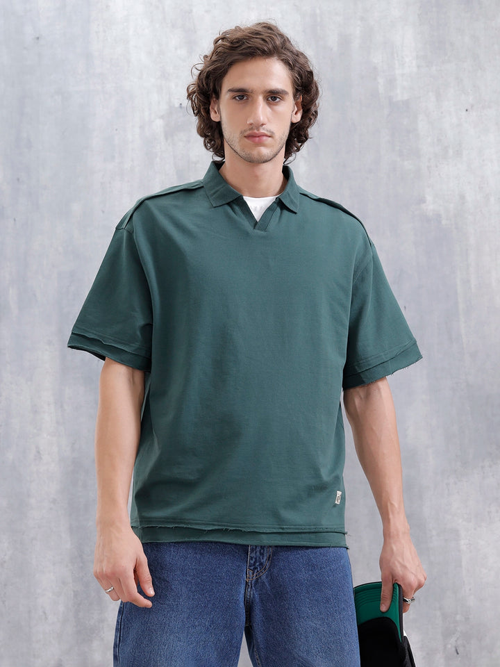 Men Oversized Fit Casual Johnny Collar T-shirt | Dark Green