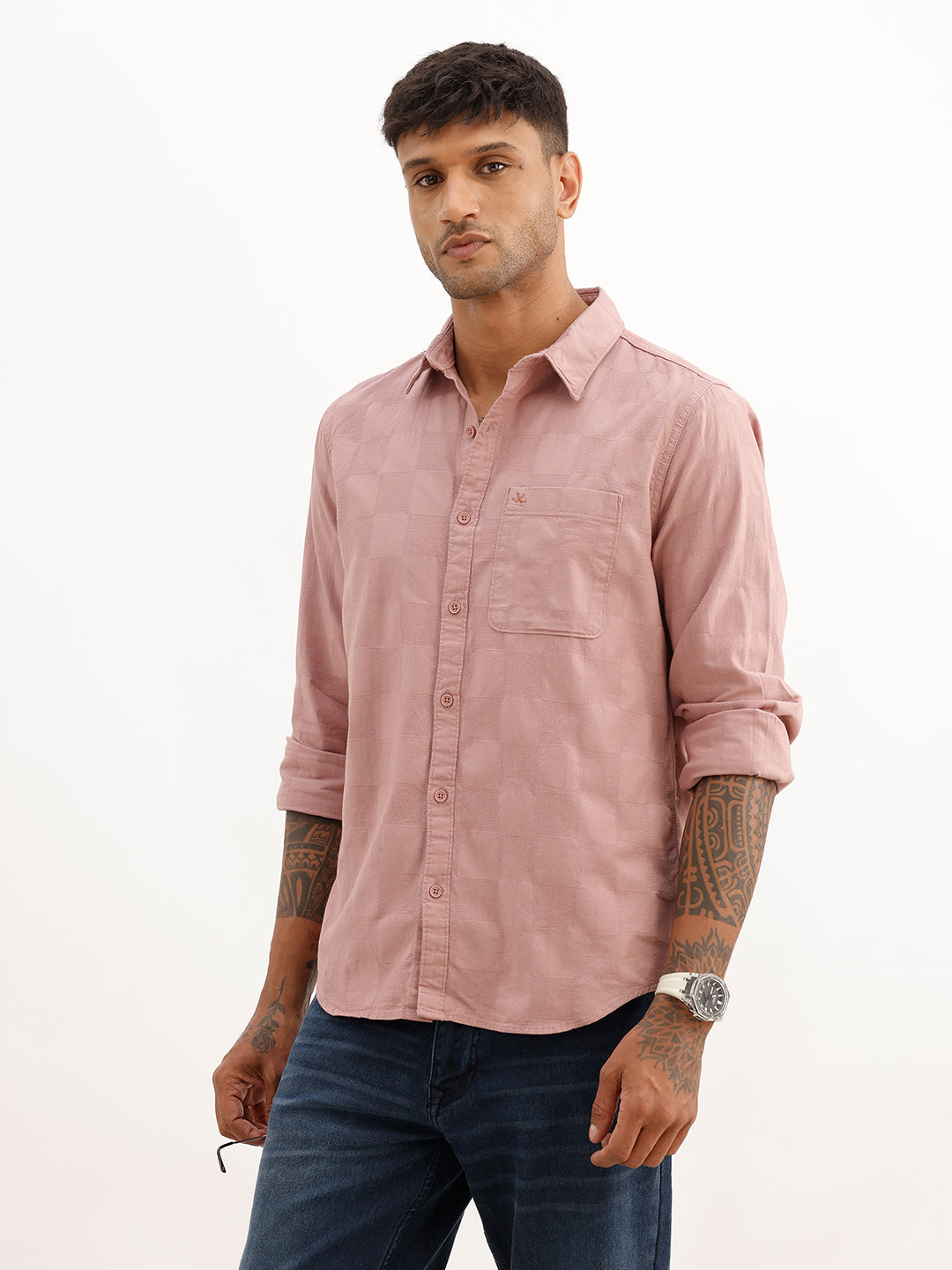 Textured Slim Fit Full Sleeve T-Shirt | Pink
