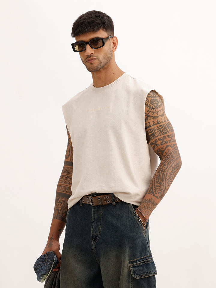 Oversized Raw Edge Cut-Off Sleeve T-Shirt | Beige