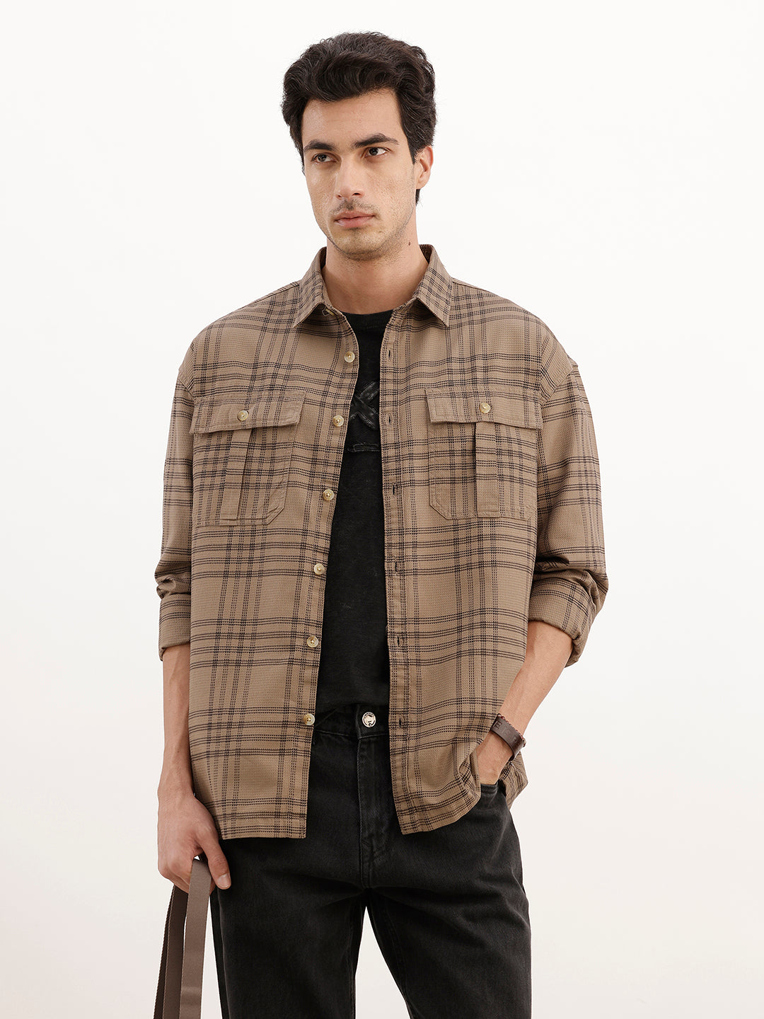 Oversized Double Pocket Checkered Shirt | Brown