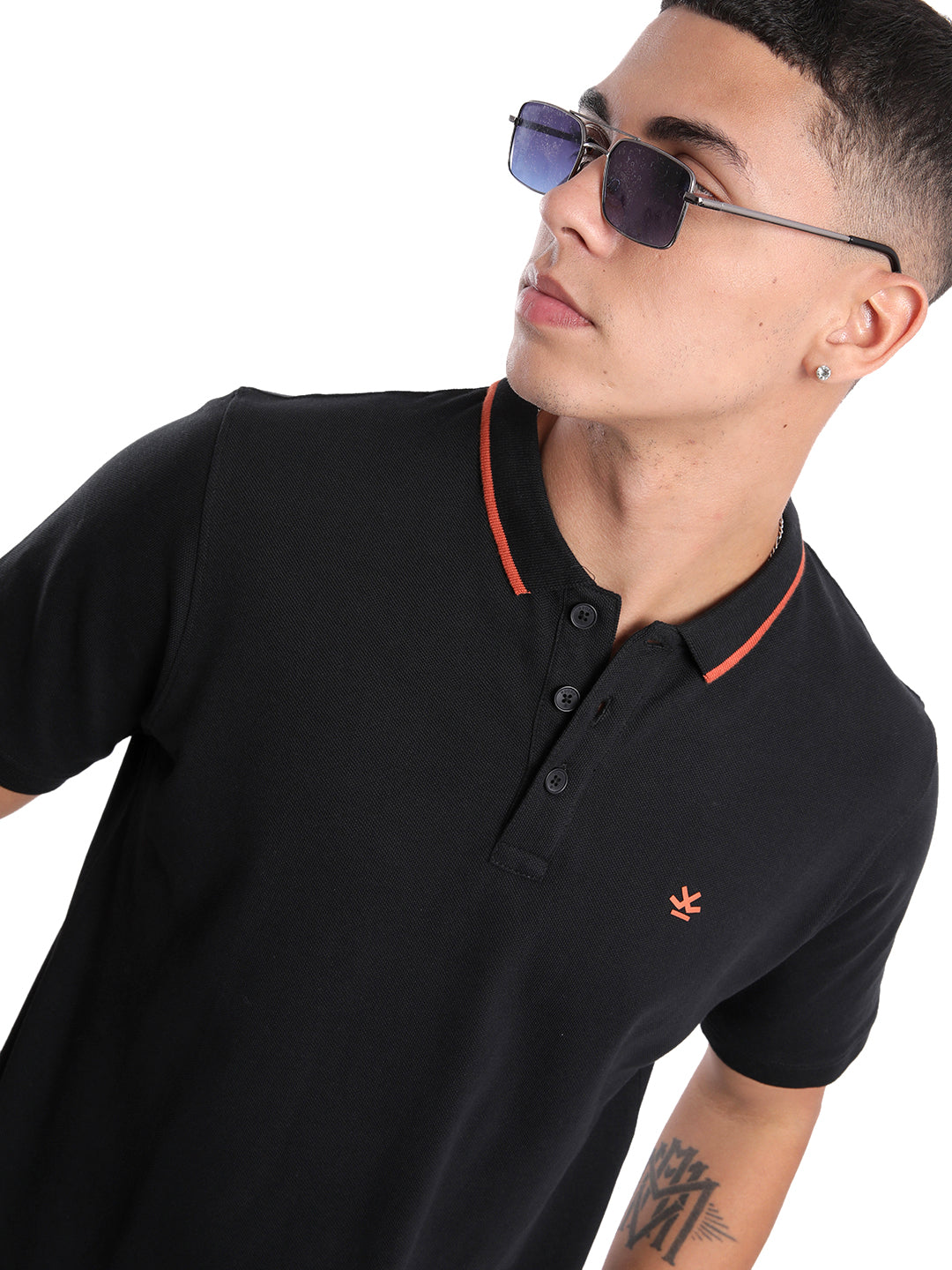 Solid Black  And Orange Tipping Polo T-Shirt